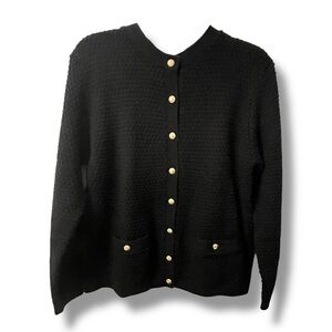 Classic Pebble Stitch Jackie-O Quiet Luxury Vtg Black Button-Up Cardigan Perfect